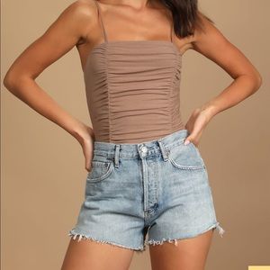 Ruche Order Taupe Ribbed Ruched Cami Tank Bodysuit